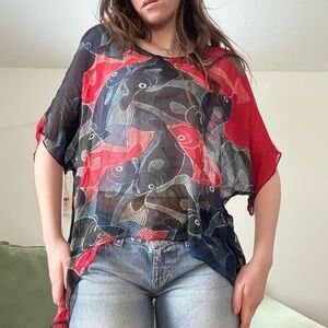 100% Silk Fish-Print Tunic Top in Red & Black